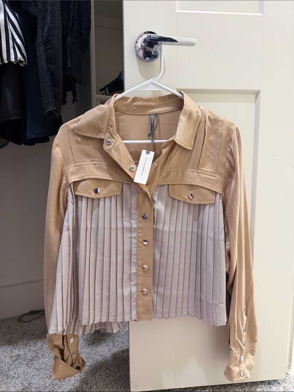 Anthropologie Two-Tone Pleated Button-Front Shirt - Tan & Cream